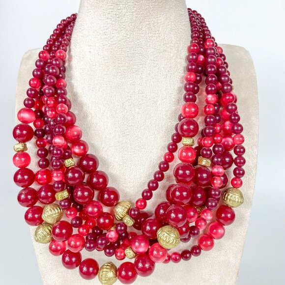 Chico's Merlot Multi-Strand Red Cranberry Pink Beaded Necklace - Picture 1 of 5